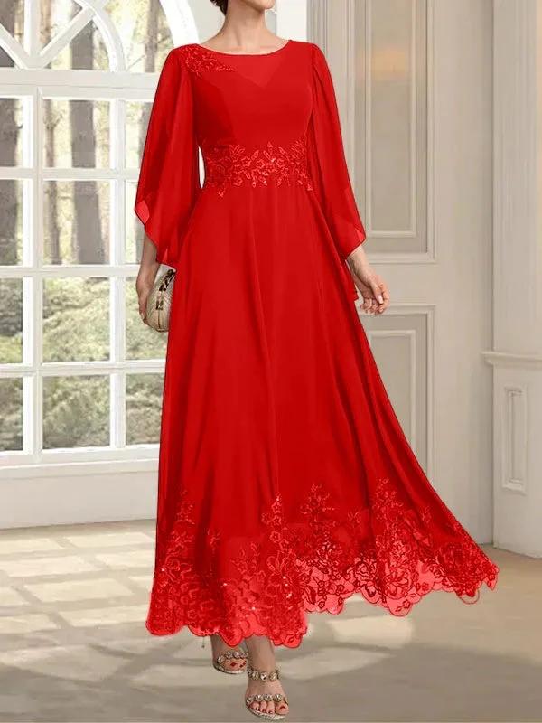 A-line Scoop Illusion Ankle-Length Lace Chiffon Mother of the Bride Dress With Sequins - Image 35