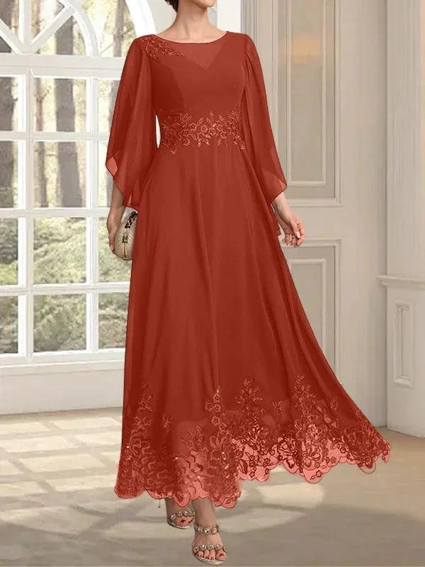 A-line Scoop Illusion Ankle-Length Lace Chiffon Mother of the Bride Dress With Sequins - Image 37