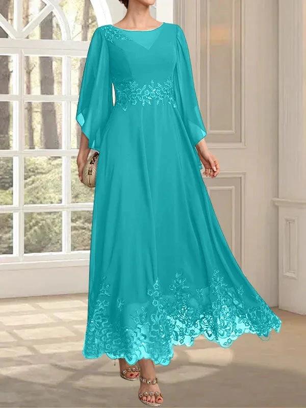 A-line Scoop Illusion Ankle-Length Lace Chiffon Mother of the Bride Dress With Sequins - Image 41