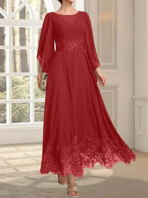 A-line Scoop Illusion Ankle-Length Lace Chiffon Mother of the Bride Dress With Sequins - Image 43