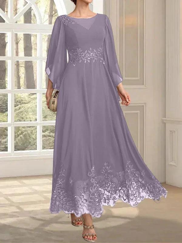 A-line Scoop Illusion Ankle-Length Lace Chiffon Mother of the Bride Dress With Sequins - Image 44