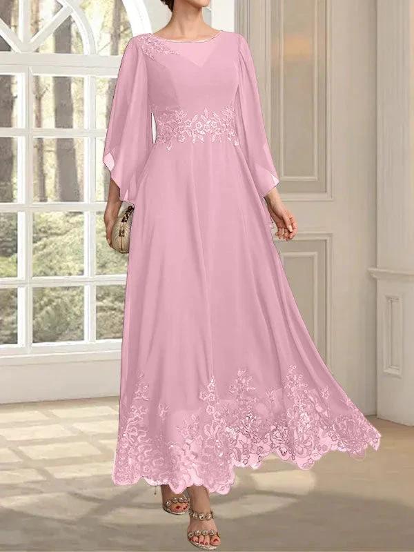 A-line Scoop Illusion Ankle-Length Lace Chiffon Mother of the Bride Dress With Sequins - Image 52