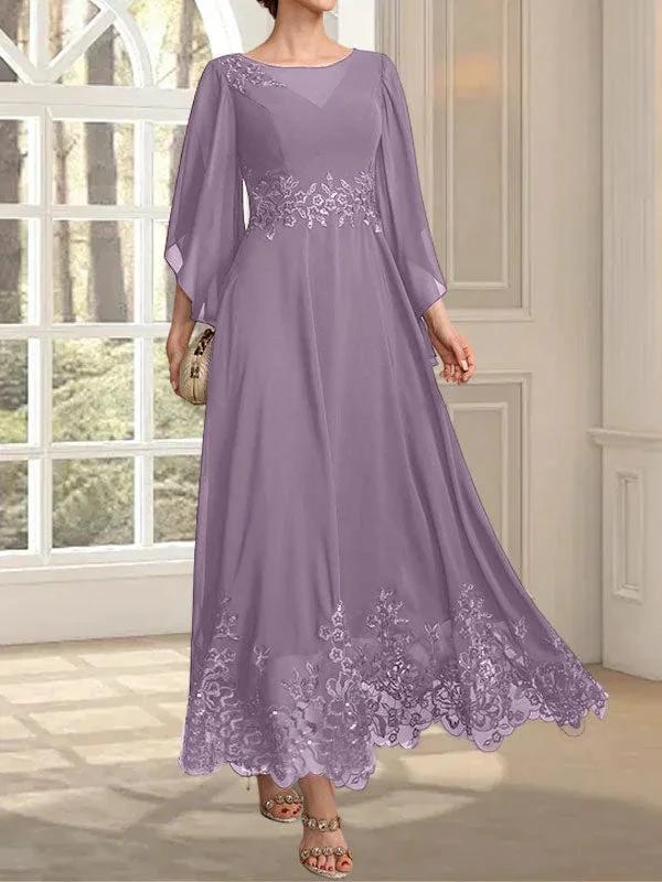 A-line Scoop Illusion Ankle-Length Lace Chiffon Mother of the Bride Dress With Sequins - Image 53