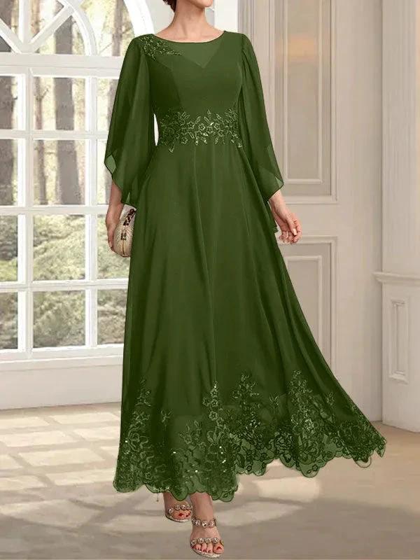 A-line Scoop Illusion Ankle-Length Lace Chiffon Mother of the Bride Dress With Sequins - Image 55