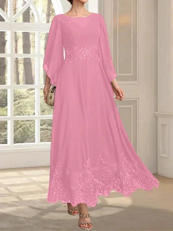 A-line Scoop Illusion Ankle-Length Lace Chiffon Mother of the Bride Dress With Sequins - Image 56