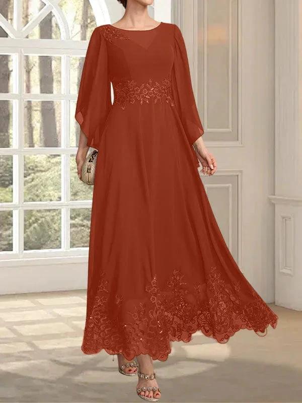 A-line Scoop Illusion Ankle-Length Lace Chiffon Mother of the Bride Dress With Sequins - Image 57