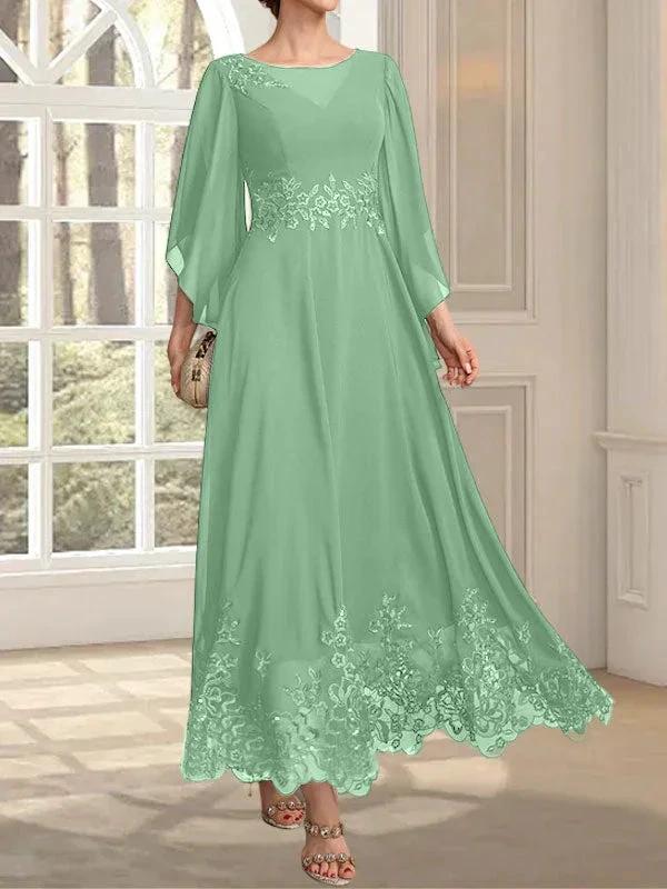 A-line Scoop Illusion Ankle-Length Lace Chiffon Mother of the Bride Dress With Sequins - Image 58