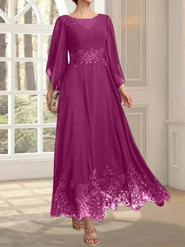 A-line Scoop Illusion Ankle-Length Lace Chiffon Mother of the Bride Dress With Sequins - Image 60
