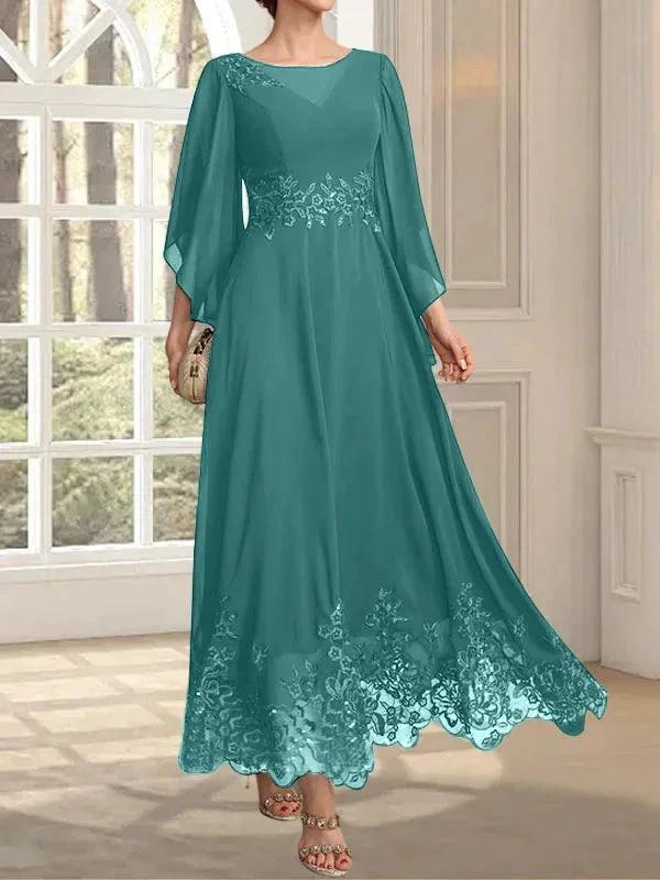A-line Scoop Illusion Ankle-Length Lace Chiffon Mother of the Bride Dress With Sequins - Image 68