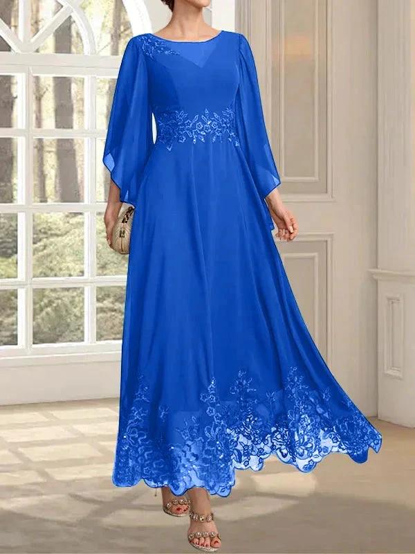 A-line Scoop Illusion Ankle-Length Lace Chiffon Mother of the Bride Dress With Sequins - Image 69