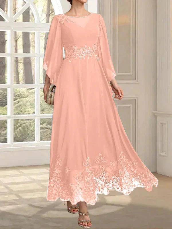 A-line Scoop Illusion Ankle-Length Lace Chiffon Mother of the Bride Dress With Sequins - Image 74