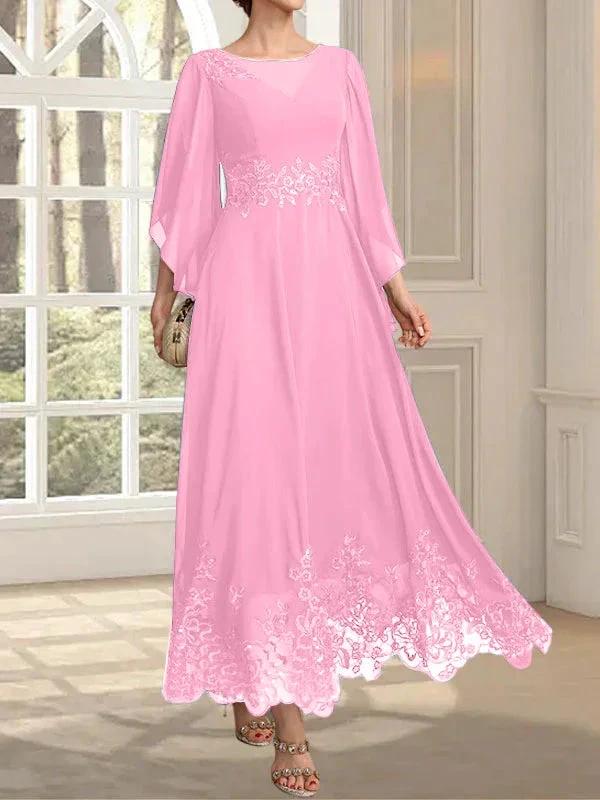 A-line Scoop Illusion Ankle-Length Lace Chiffon Mother of the Bride Dress With Sequins - Image 76