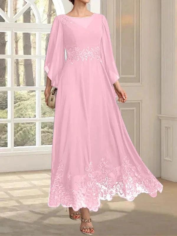 A-line Scoop Illusion Ankle-Length Lace Chiffon Mother of the Bride Dress With Sequins - Image 77