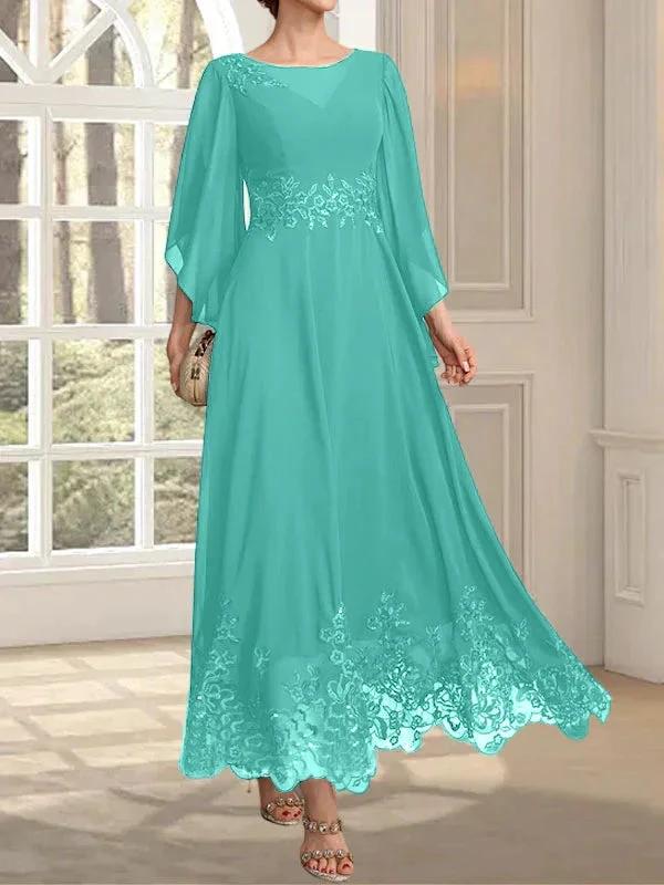 A-line Scoop Illusion Ankle-Length Lace Chiffon Mother of the Bride Dress With Sequins - Image 79