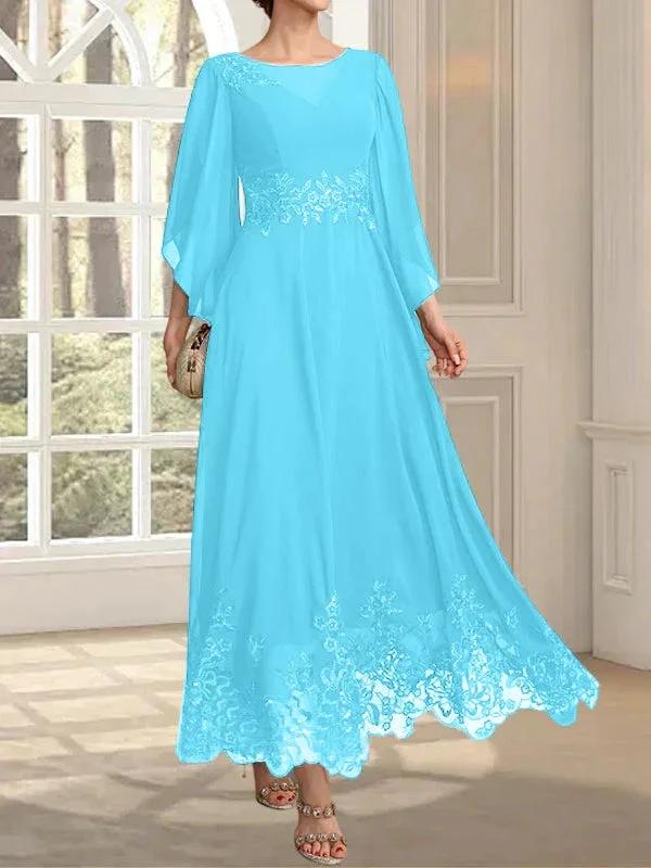 A-line Scoop Illusion Ankle-Length Lace Chiffon Mother of the Bride Dress With Sequins - Image 83