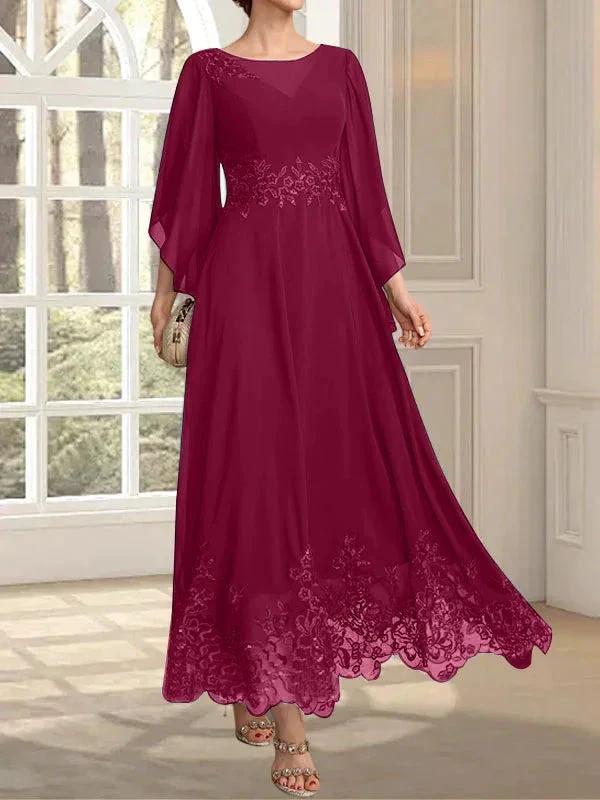 A-line Scoop Illusion Ankle-Length Lace Chiffon Mother of the Bride Dress With Sequins - Image 84