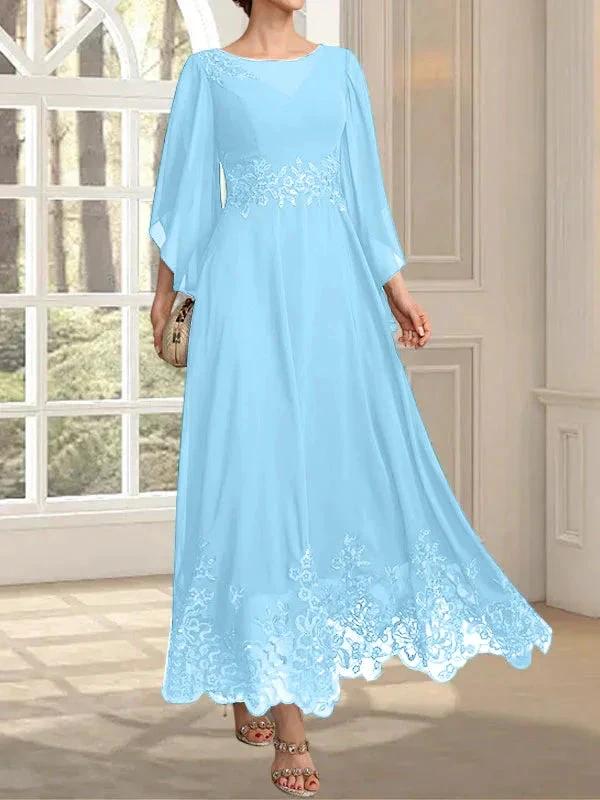 A-line Scoop Illusion Ankle-Length Lace Chiffon Mother of the Bride Dress With Sequins - Image 85