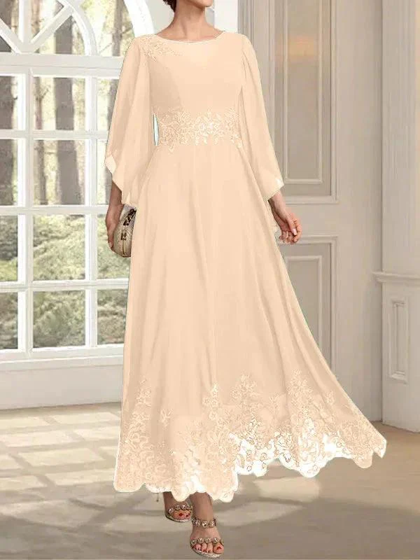 A-line Scoop Illusion Ankle-Length Lace Chiffon Mother of the Bride Dress With Sequins - Image 86