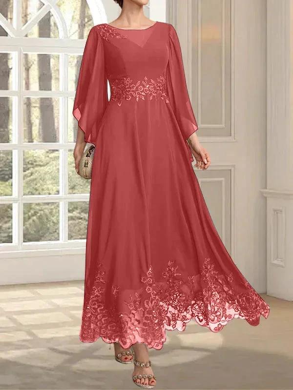 A-line Scoop Illusion Ankle-Length Lace Chiffon Mother of the Bride Dress With Sequins - Image 89