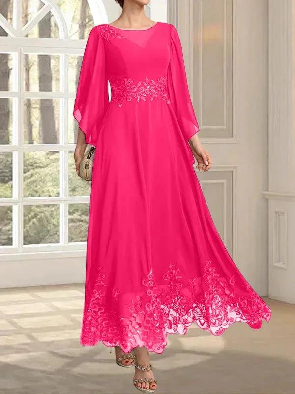 A-line Scoop Illusion Ankle-Length Lace Chiffon Mother of the Bride Dress With Sequins - Image 90