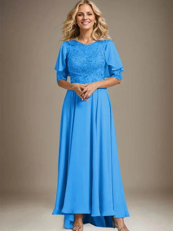 A-line Scoop Illusion Asymmetrical Chiffon Lace Mother of the Bride Dress With Beading - Image 10