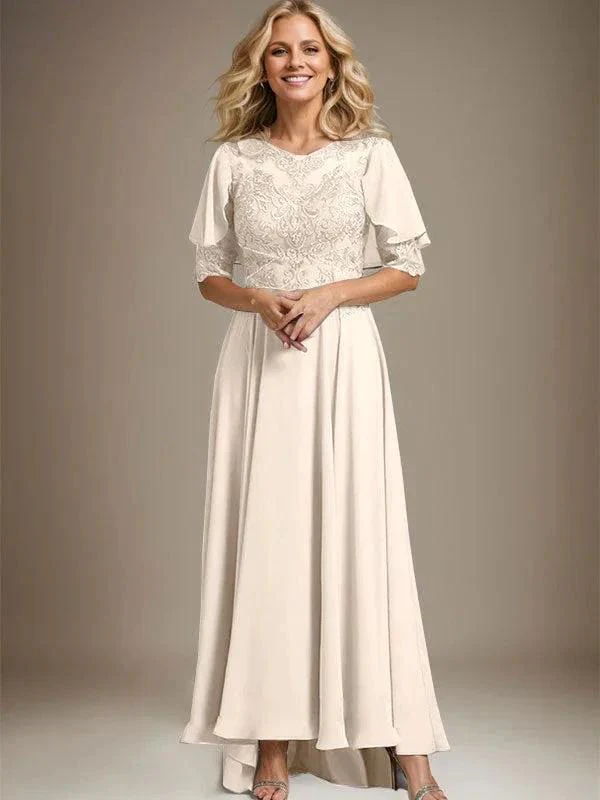 A-line Scoop Illusion Asymmetrical Chiffon Lace Mother of the Bride Dress With Beading - Image 11