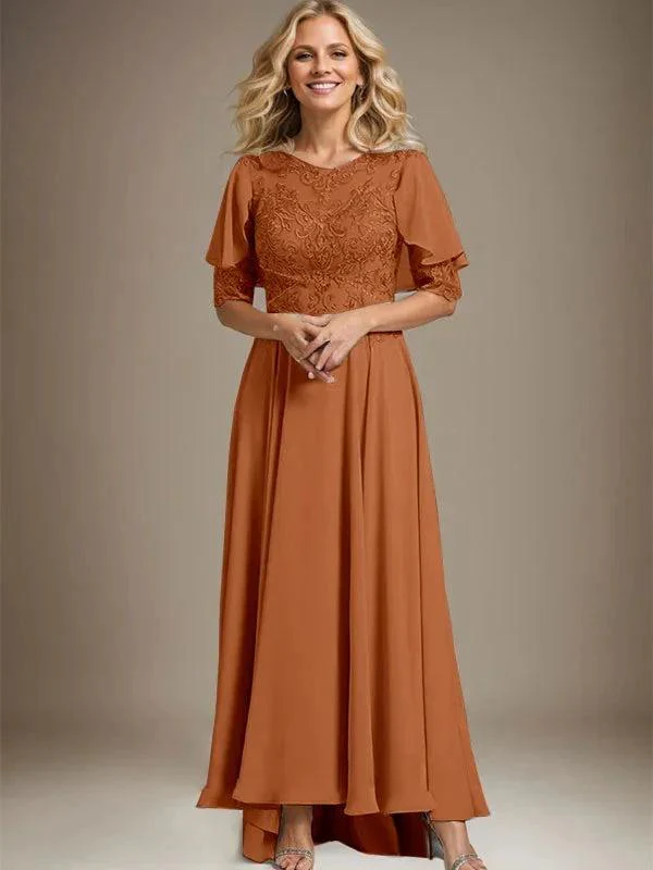 A-line Scoop Illusion Asymmetrical Chiffon Lace Mother of the Bride Dress With Beading - Image 12