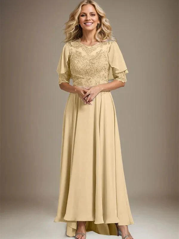 A-line Scoop Illusion Asymmetrical Chiffon Lace Mother of the Bride Dress With Beading - Image 13