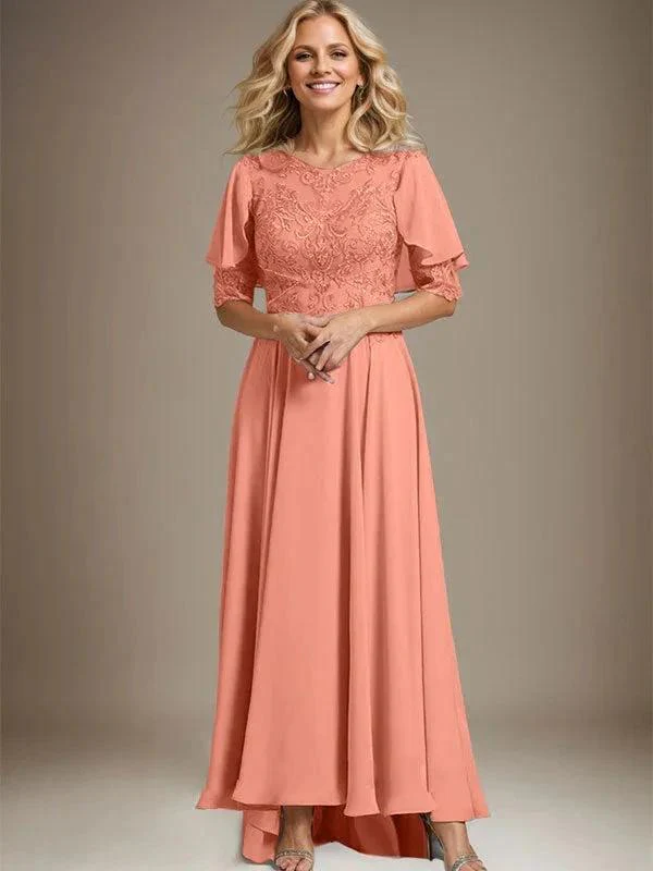 A-line Scoop Illusion Asymmetrical Chiffon Lace Mother of the Bride Dress With Beading - Image 14