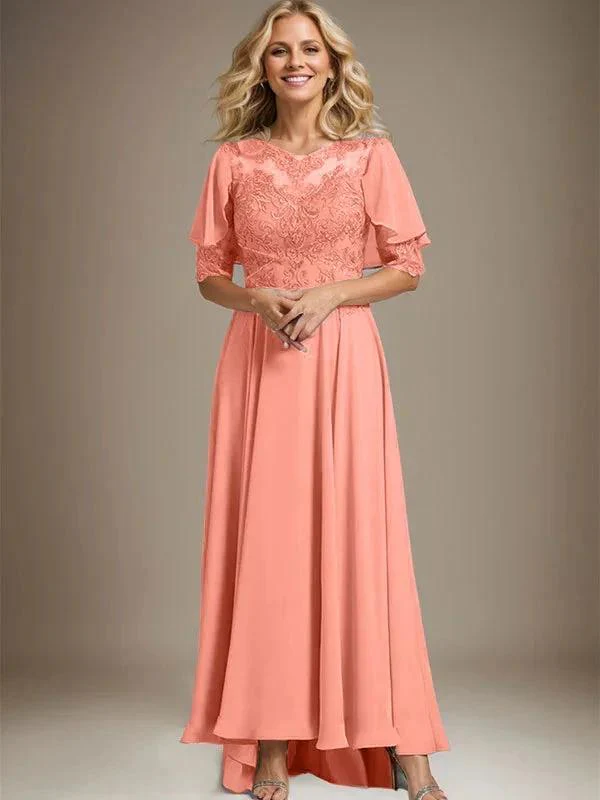 A-line Scoop Illusion Asymmetrical Chiffon Lace Mother of the Bride Dress With Beading - Image 15