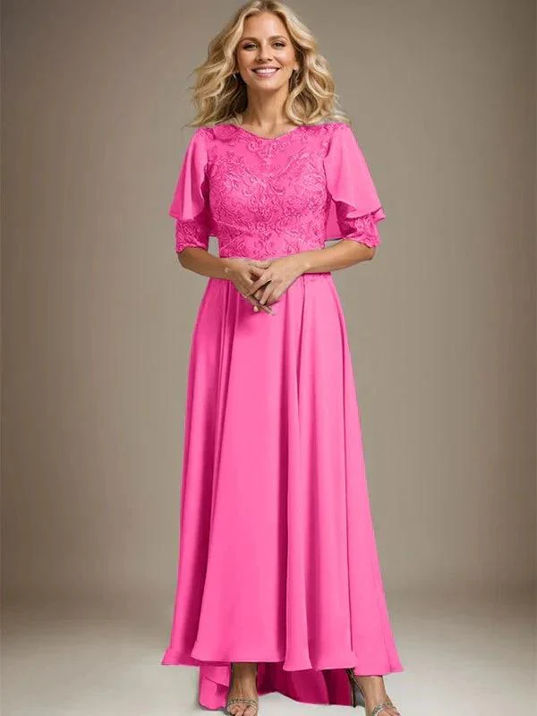 A-line Scoop Illusion Asymmetrical Chiffon Lace Mother of the Bride Dress With Beading - Image 16