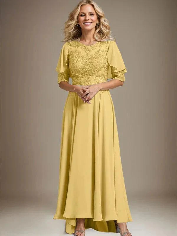 A-line Scoop Illusion Asymmetrical Chiffon Lace Mother of the Bride Dress With Beading - Image 17