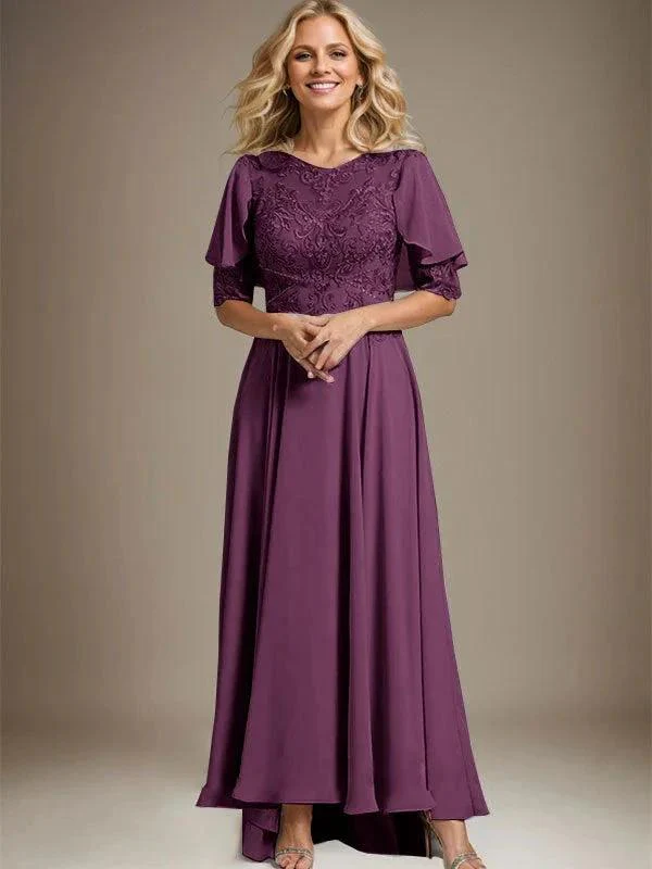 A-line Scoop Illusion Asymmetrical Chiffon Lace Mother of the Bride Dress With Beading - Image 18