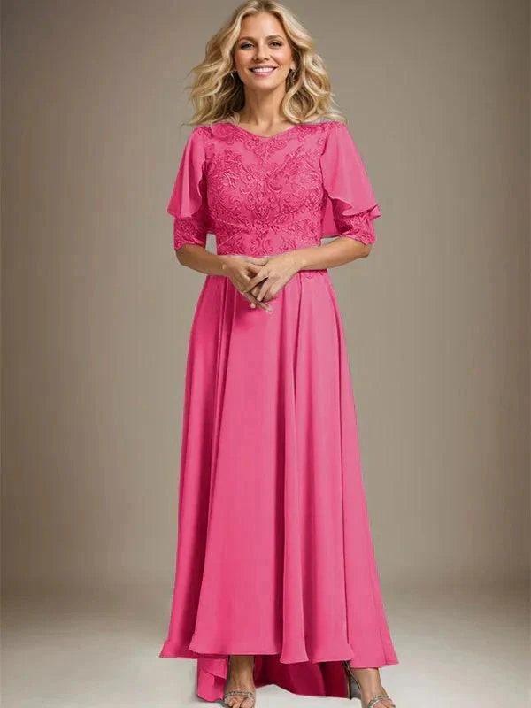 A-line Scoop Illusion Asymmetrical Chiffon Lace Mother of the Bride Dress With Beading - Image 19