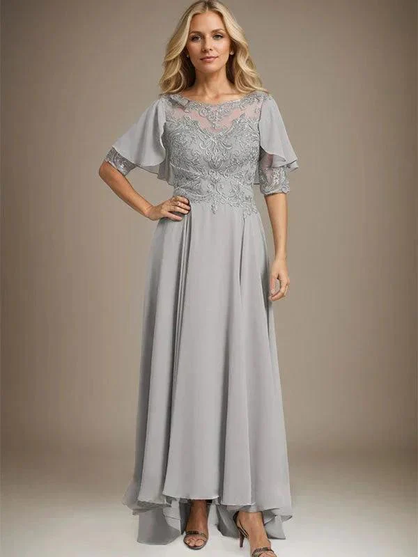 A-line Scoop Illusion Asymmetrical Chiffon Lace Mother of the Bride Dress With Beading - Image 2