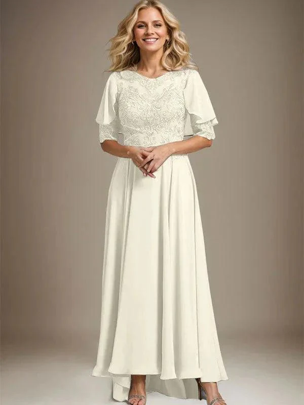 A-line Scoop Illusion Asymmetrical Chiffon Lace Mother of the Bride Dress With Beading - Image 20