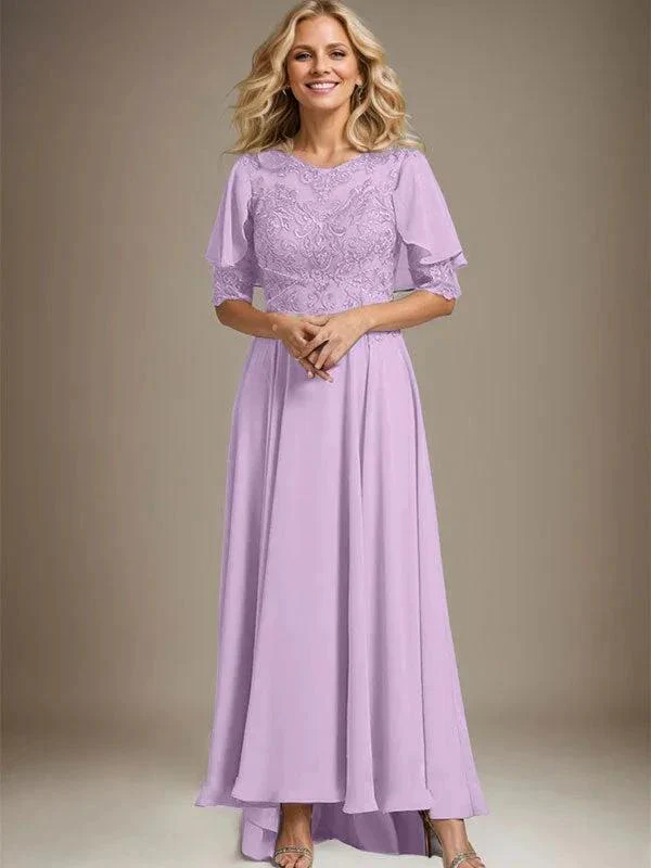 A-line Scoop Illusion Asymmetrical Chiffon Lace Mother of the Bride Dress With Beading - Image 21