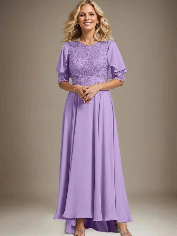 A-line Scoop Illusion Asymmetrical Chiffon Lace Mother of the Bride Dress With Beading - Image 22