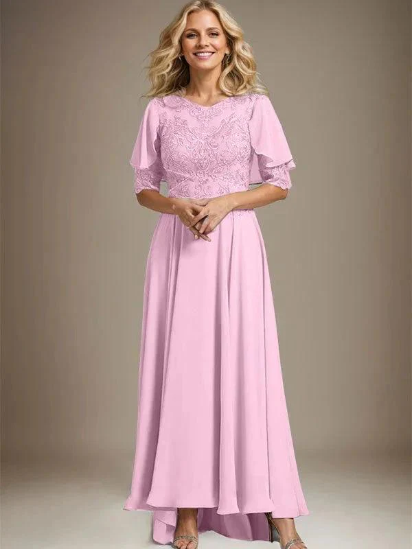 A-line Scoop Illusion Asymmetrical Chiffon Lace Mother of the Bride Dress With Beading - Image 23