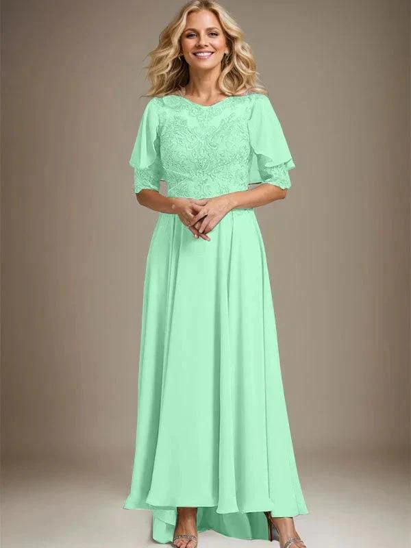 A-line Scoop Illusion Asymmetrical Chiffon Lace Mother of the Bride Dress With Beading - Image 24
