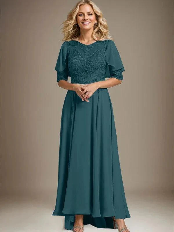 A-line Scoop Illusion Asymmetrical Chiffon Lace Mother of the Bride Dress With Beading - Image 25