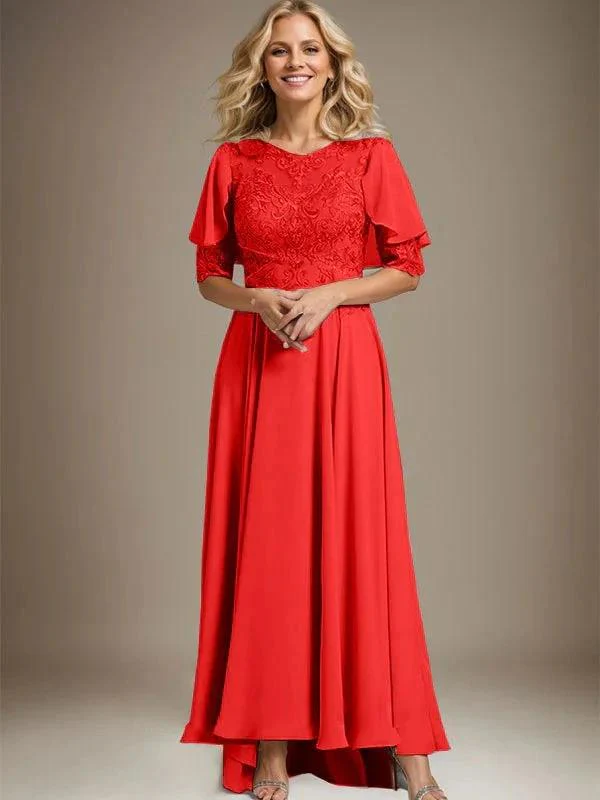 A-line Scoop Illusion Asymmetrical Chiffon Lace Mother of the Bride Dress With Beading - Image 26