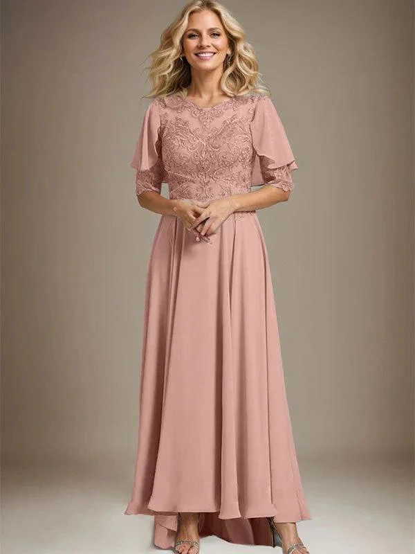 A-line Scoop Illusion Asymmetrical Chiffon Lace Mother of the Bride Dress With Beading - Image 27