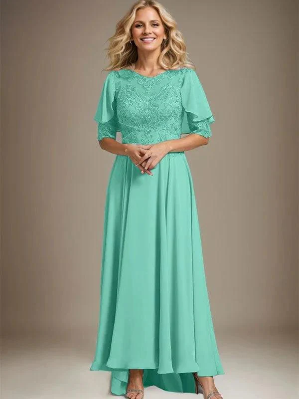A-line Scoop Illusion Asymmetrical Chiffon Lace Mother of the Bride Dress With Beading - Image 28