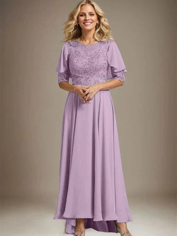 A-line Scoop Illusion Asymmetrical Chiffon Lace Mother of the Bride Dress With Beading - Image 29