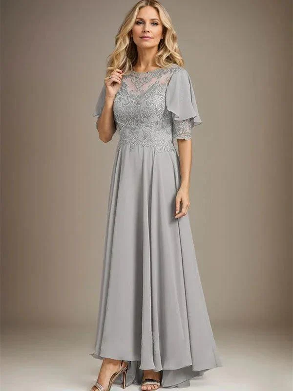 A-line Scoop Illusion Asymmetrical Chiffon Lace Mother of the Bride Dress With Beading - Image 3