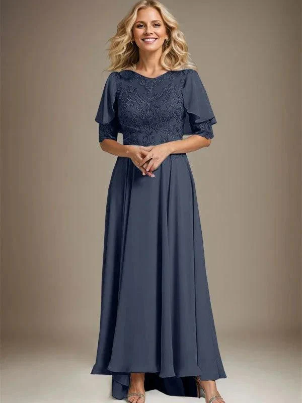 A-line Scoop Illusion Asymmetrical Chiffon Lace Mother of the Bride Dress With Beading - Image 30