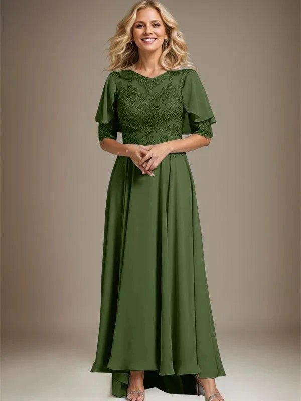 A-line Scoop Illusion Asymmetrical Chiffon Lace Mother of the Bride Dress With Beading - Image 31