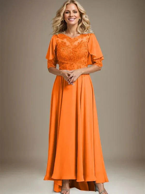 A-line Scoop Illusion Asymmetrical Chiffon Lace Mother of the Bride Dress With Beading - Image 32