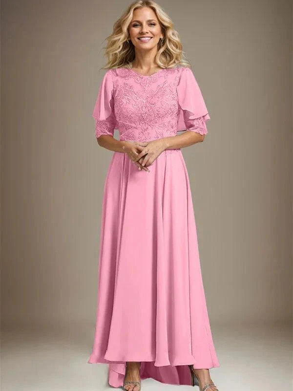 A-line Scoop Illusion Asymmetrical Chiffon Lace Mother of the Bride Dress With Beading - Image 33